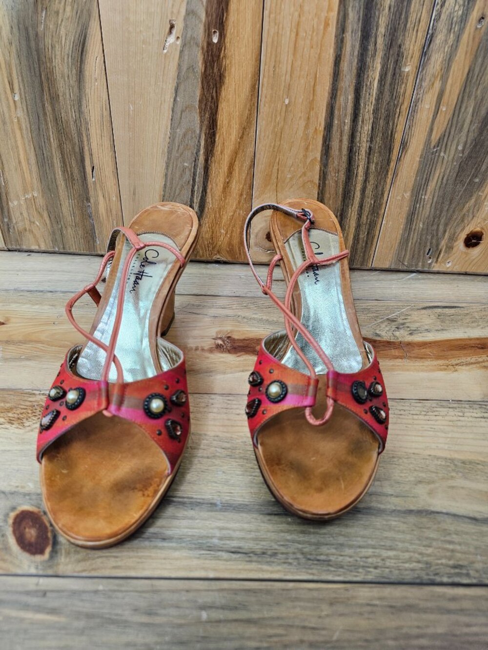 Cole Haan Collection Orange Jeweled Wedge Sandal Heel Size 11 - Picture 3 of 8